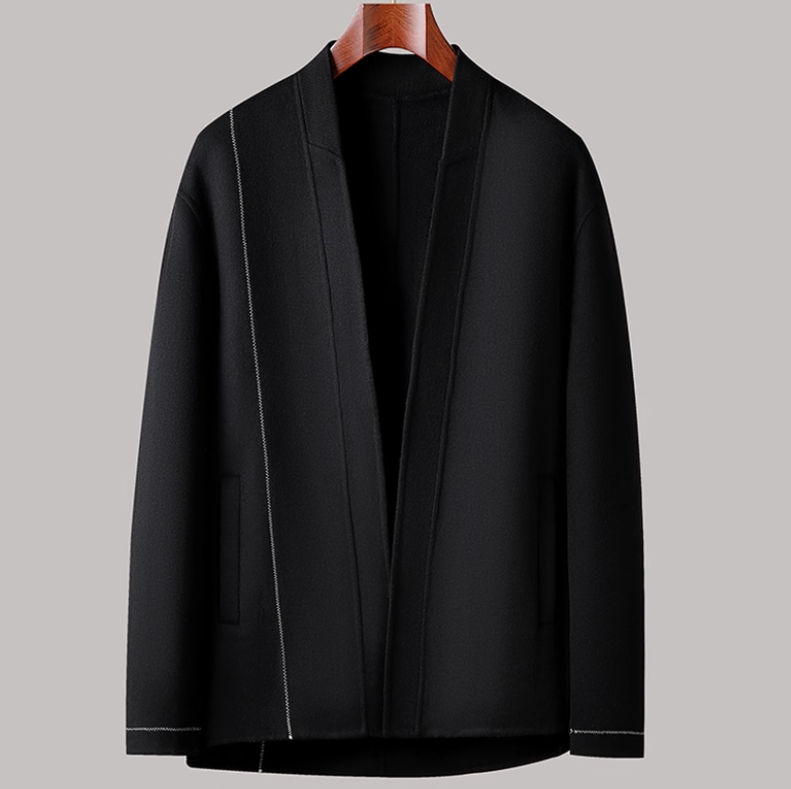 秋冬无领微扩全羊毛大衣毛呢男士潮国风时尚短款披风西装夹克外套